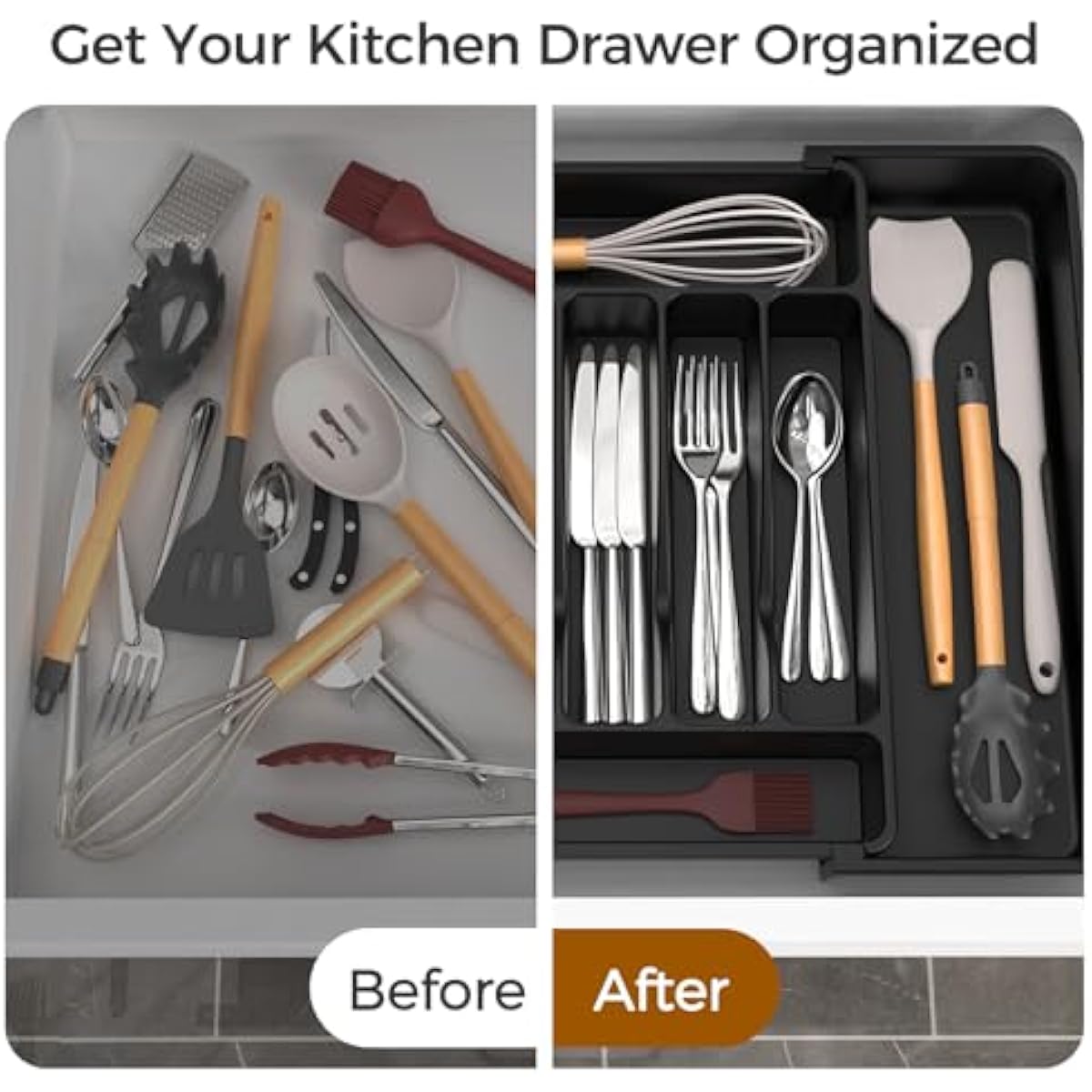 Extra Large Expandable Silverware Organizer, BPA-Free Food-Safe Cutlery Flatware Organizer, Kitchen Utensil Drawer Organizer, Adjustable Silverware Holder for Spoons Forks Knives, Black