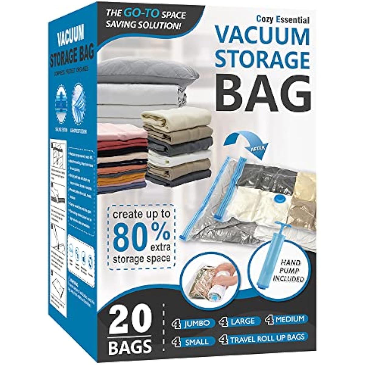 Cozy Essential Vacuum Storage Bags, 80% Compression Vacuum Seal Space Saver Plastic Packaging Bags for Clothes, Blankets, Pillow, Bedding, Comforters, Sealer Clothing Storage,20 Combo