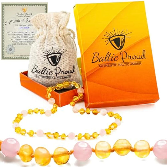Baltic Proud Amber Necklace (Unisex Honey Rose Polished 12.5 Inches) - Certified Premium Quality Raw Baltic Sea Amber