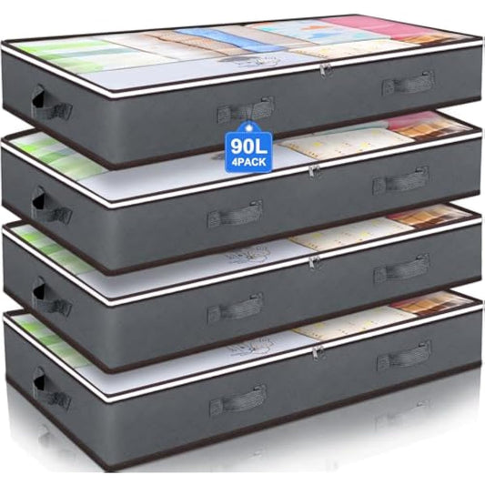 Budding Joy 90L Under Bed Storage Containers, Closet Organizers and Storage Bins, Foldable Underbed Storage Bags for Linen Sheets, Blanket, Clothing, Comforter, Sweaters, Pillows, Wrapping Paper, Grey