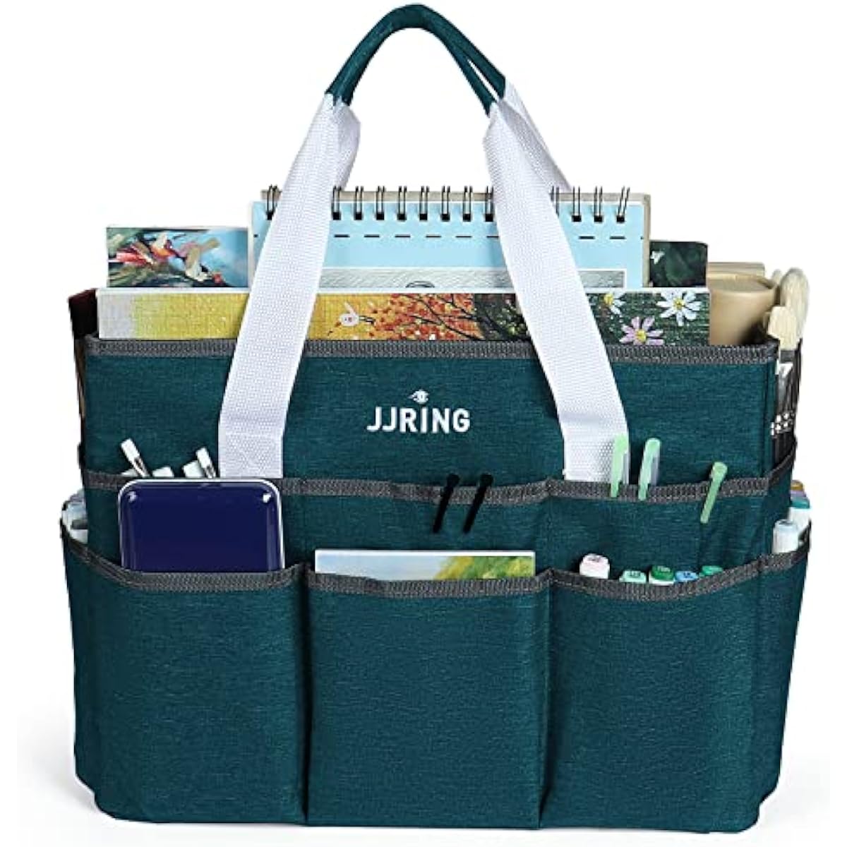 JJRING Craft Organizer Tote Bag, Large Art Storage Caddy with Multiple Pockets, Bluish Green Sewing Bag for Art, Craft, Scrapbooking, School, Medical, and Office Supplies Storage