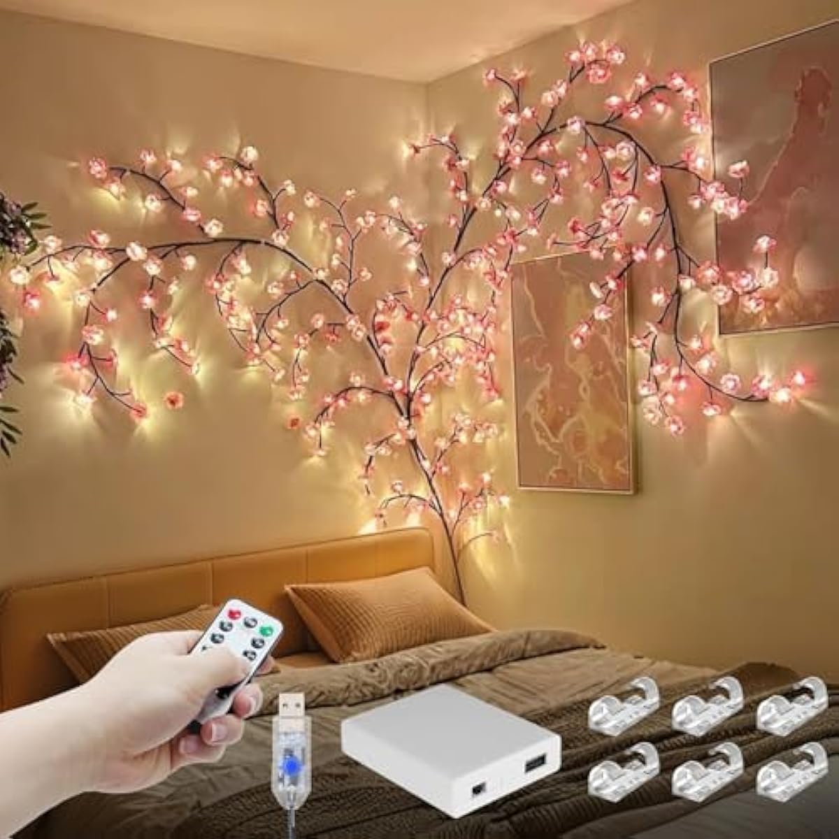 Cherry Enchanted Willow Vine Lights 7.55FT 144LED Pink Cherry Blossom Tree Branch Lights for Wall, Remote Timer,8 Light Model,Bedroom Wall Doors Wedding, Christmas, USB Battery Box