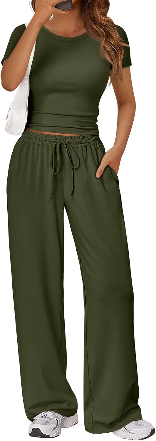 Trendy Queen 2 Piece Matching Summer Sweatsuit Lounge Set Womens Wide Leg Pants Side Ruching Crop Top Sets