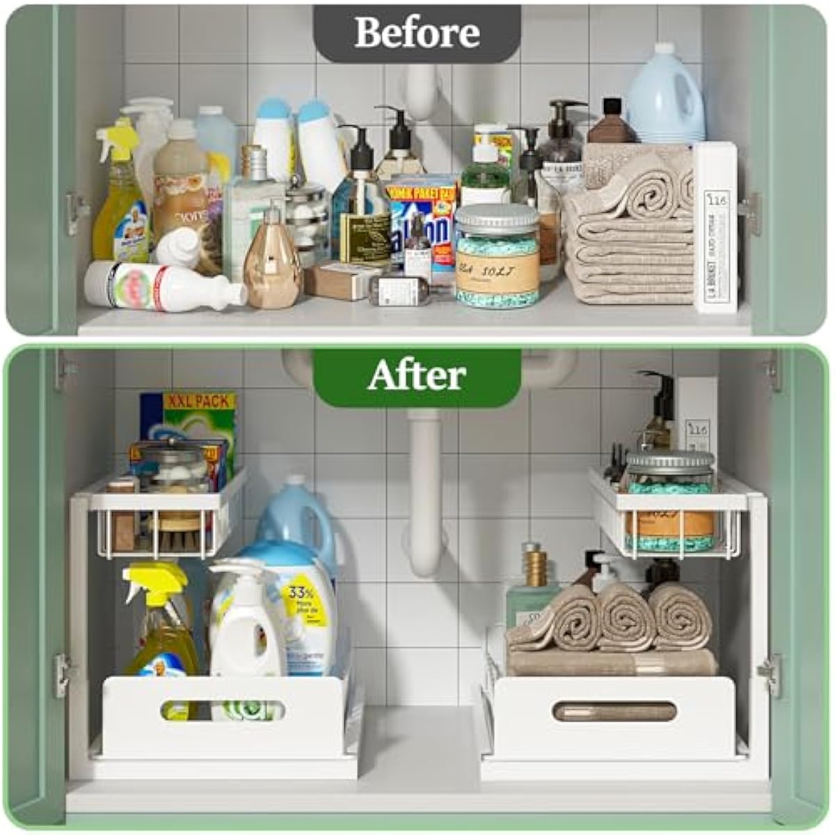 REALINN Under Sink Organizer, Pull Out Cabinet Organizer, 2 Tier Metal Slide Out Shelf with L Shaped Design, Under Cabinet Storage for Kitchen, Bathroom, Laundry, Deep Cabinet Shelf Storage, White