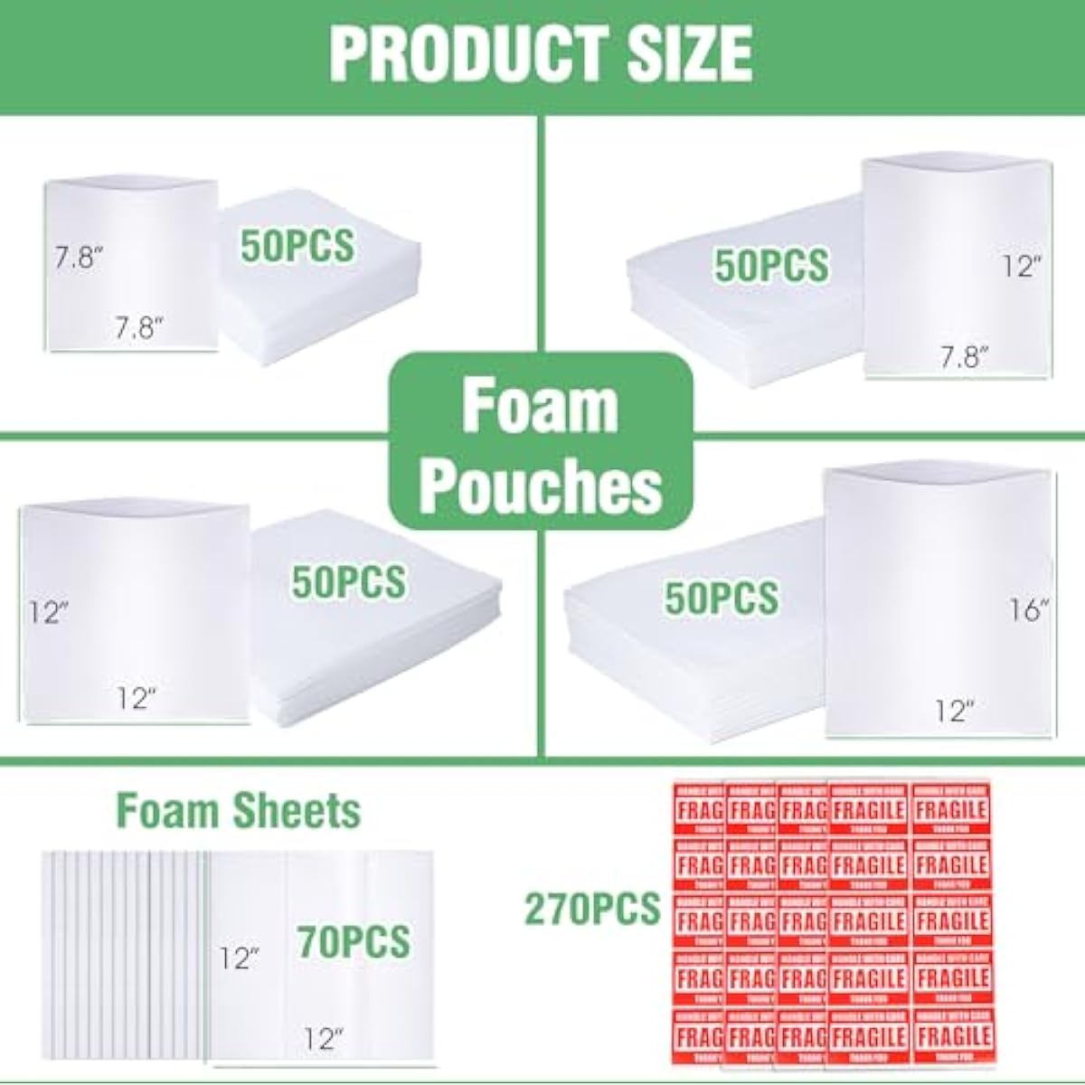 540Pcs Dish Packing Supplies for Moving, 270 Cushion Foam Wrap Pouches & Sheets 4 Sizes (16x12", 12x12", 12x7.8", 7.8x7.8") with 270 Fragile Stickers Plate Packing Sleeves for Fragile Shipping Storage