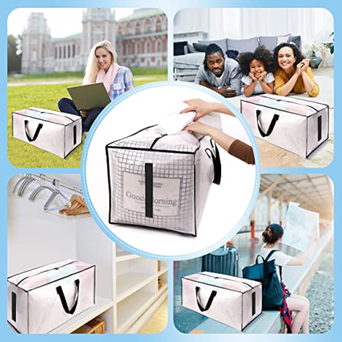 8 Pack Large Strong Moving Bags with Zippers & Carrying Handles - Water-Resistant - Heavy Duty Storage Tote for Space Saving, Fold Flat, Alternative to Moving Box (Semi-Transparent)
