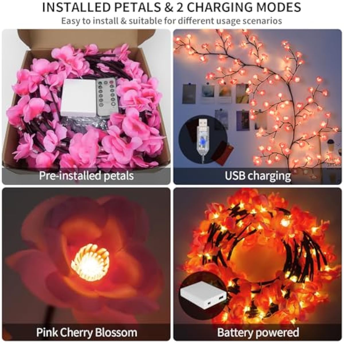 Cherry Enchanted Willow Vine Lights 7.55FT 144LED Pink Cherry Blossom Tree Branch Lights for Wall, Remote Timer,8 Light Model,Bedroom Wall Doors Wedding, Christmas, USB Battery Box