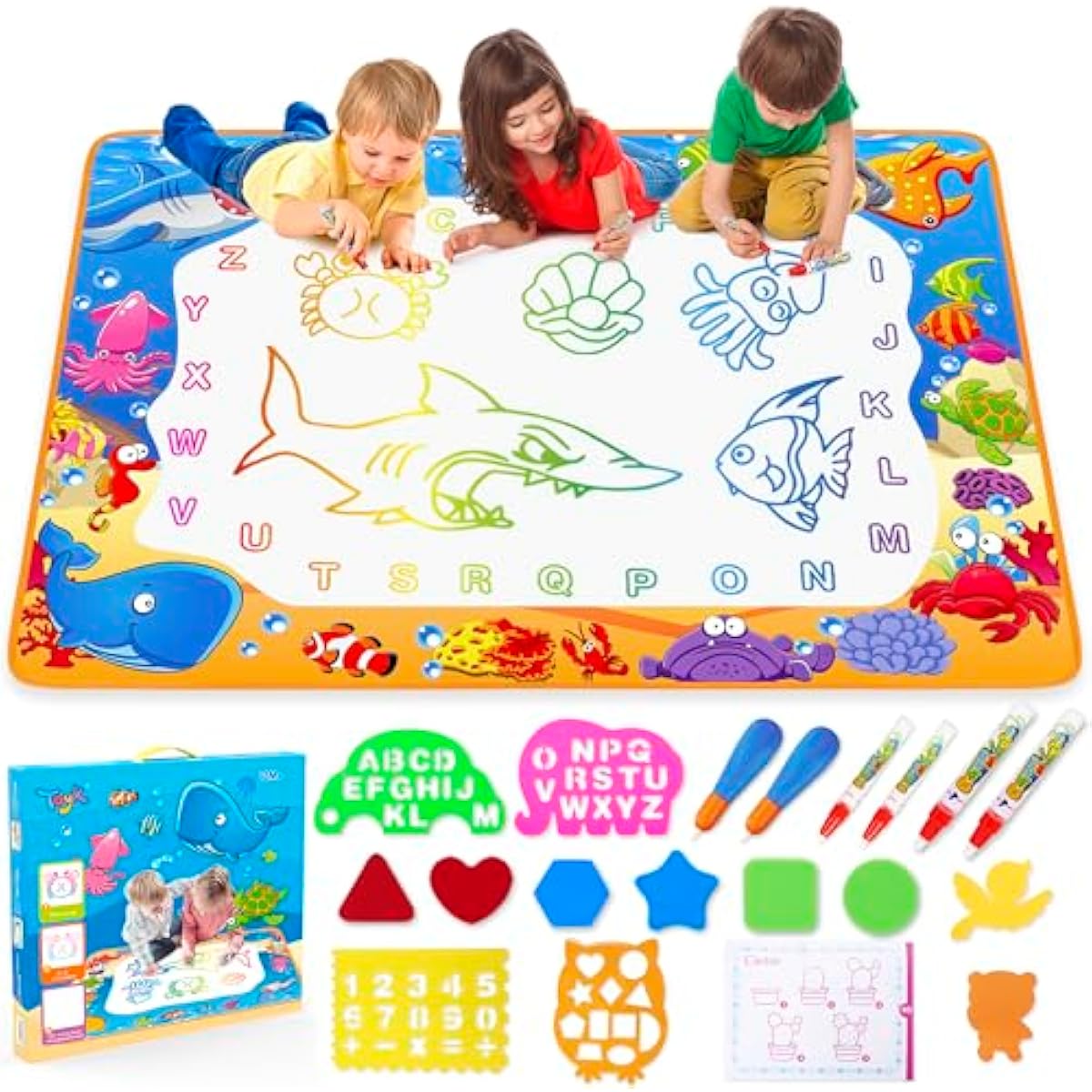 Water Doodle Mat - Kids Painting Writing Color Doodle Drawing Mat Toy Bring Magic Pens Educational Toys for Age 3 4 5 6 7 Year Old Girls Boys Age Toddler Gift