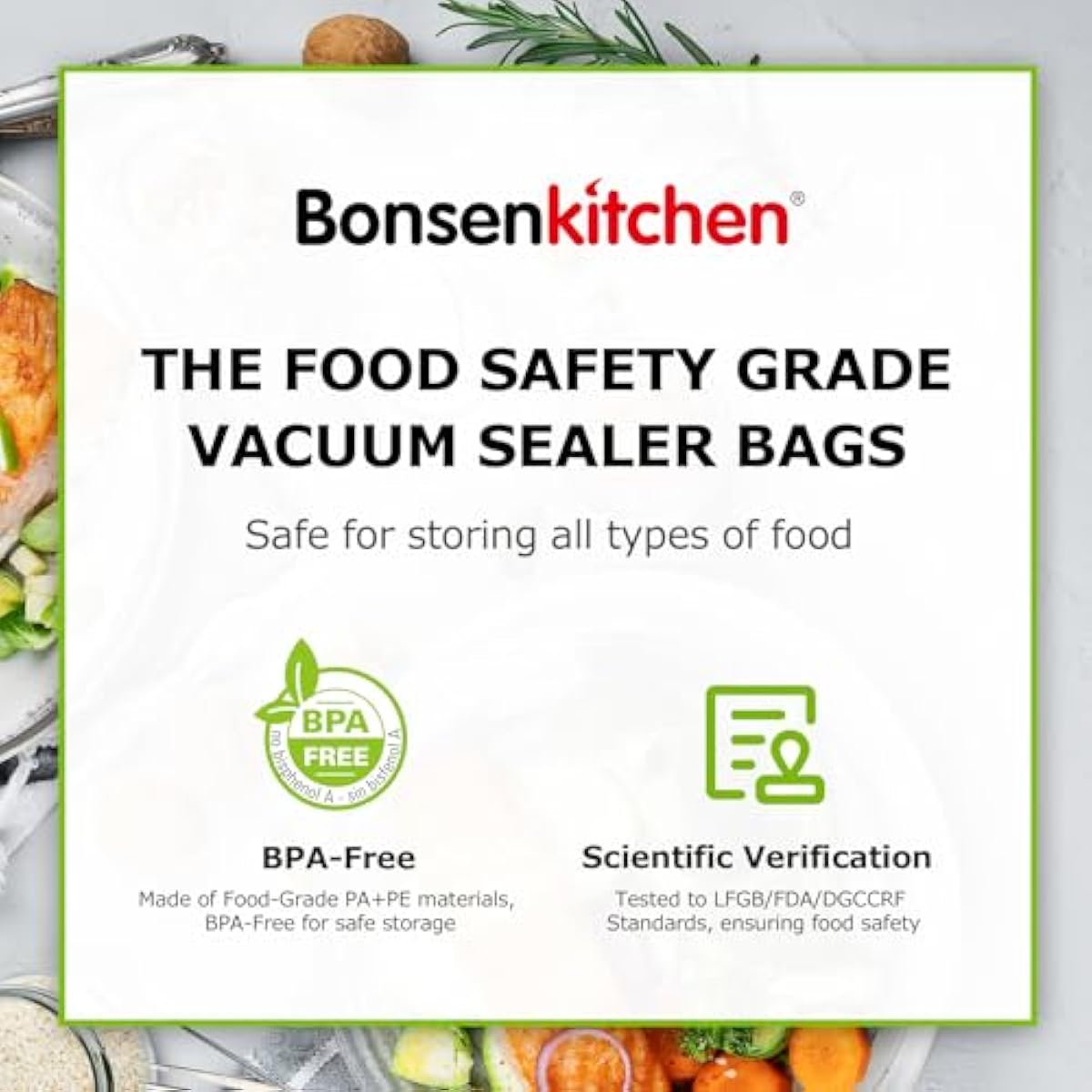 Bonsenkitchen Vacuum Sealer Rolls Bags, 6 Pack 3 Rolls 11" x 20' + 3 Rolls 8" x 20' Commercial Grade BPA Free Bag Rolls, Durable Customized Size Food Vac Bags for Storage and Sous Vide Cooking VB3211