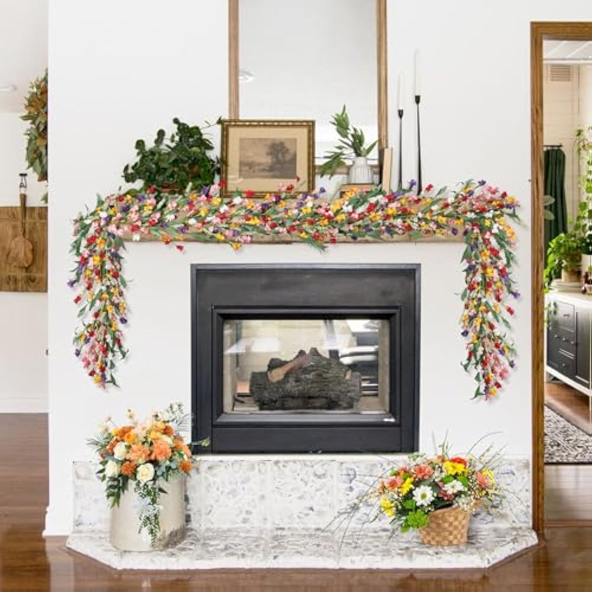 6ft Spring Flower Garland for Mantle Decor: Artificial Floral Vine with Greenery for Wedding Arch, Fireplace, Table & Wall, All Season Home Decor for Summer, Easter, Mother's Day (Yellow+Pink)