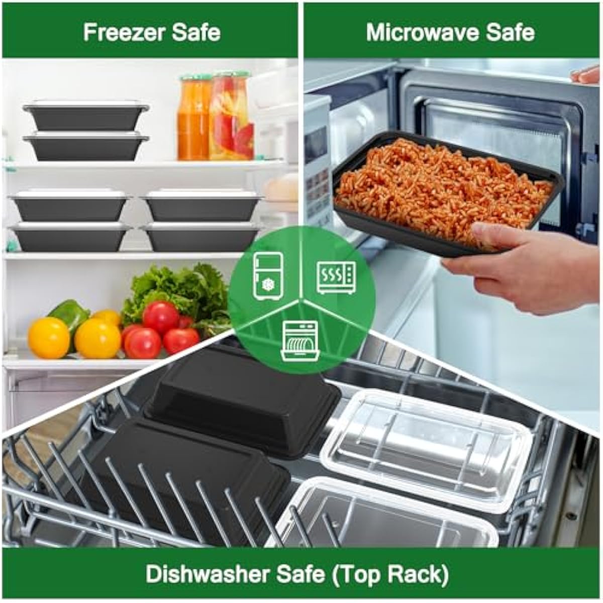 50 Pack (100-Piece) 32 oz Meal Prep Containers Reusable with Easy Open Lids, Sturdy Leakproof Food Safe, Microwave Freezer Dishwasher Safe, To Go Take Out Plastic Food Storage Pans with Lids, Black