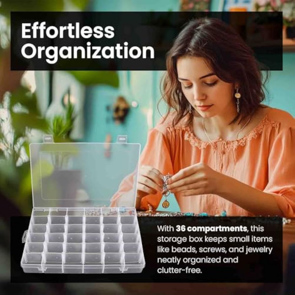4pack 36 Grids Plastic Clear Organizer Box Bead Storage Containers with Adjustable Dividers for Craft Jewelry Fishing Tackles Parts Storage with 4 Sheets Label Stickers