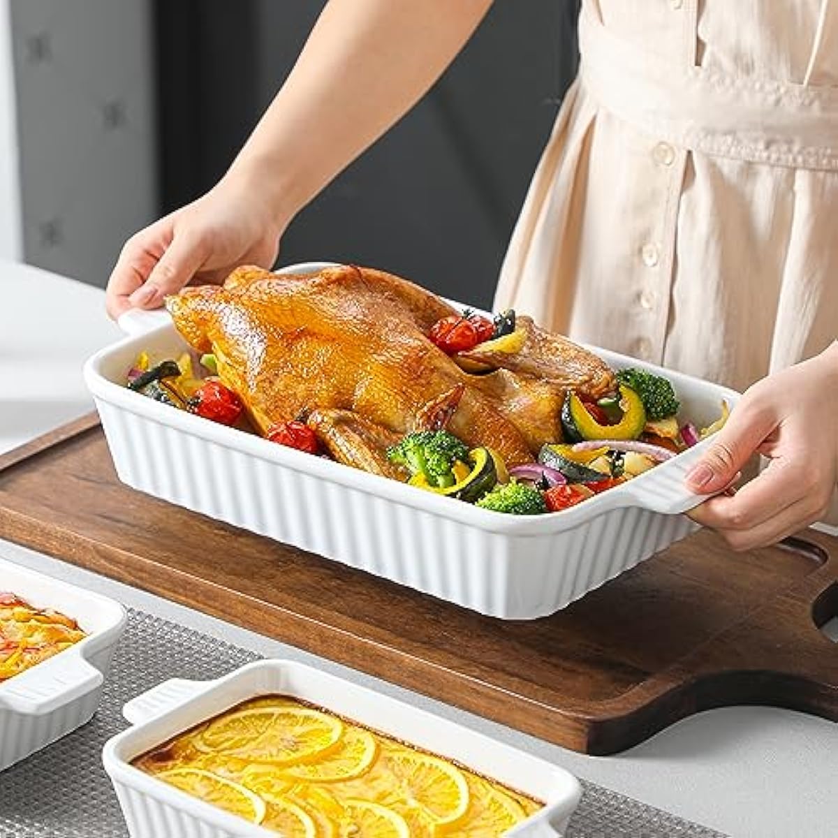 MALACASA Casserole Dishes for Oven, Porcelain Baking Dishes, Ceramic Bakeware Sets of 4, Rectangular Lasagna Pans Deep with Handles for Baking Cake Kitchen, White (9.4"/11.1"/12.2"/14.7"), Series