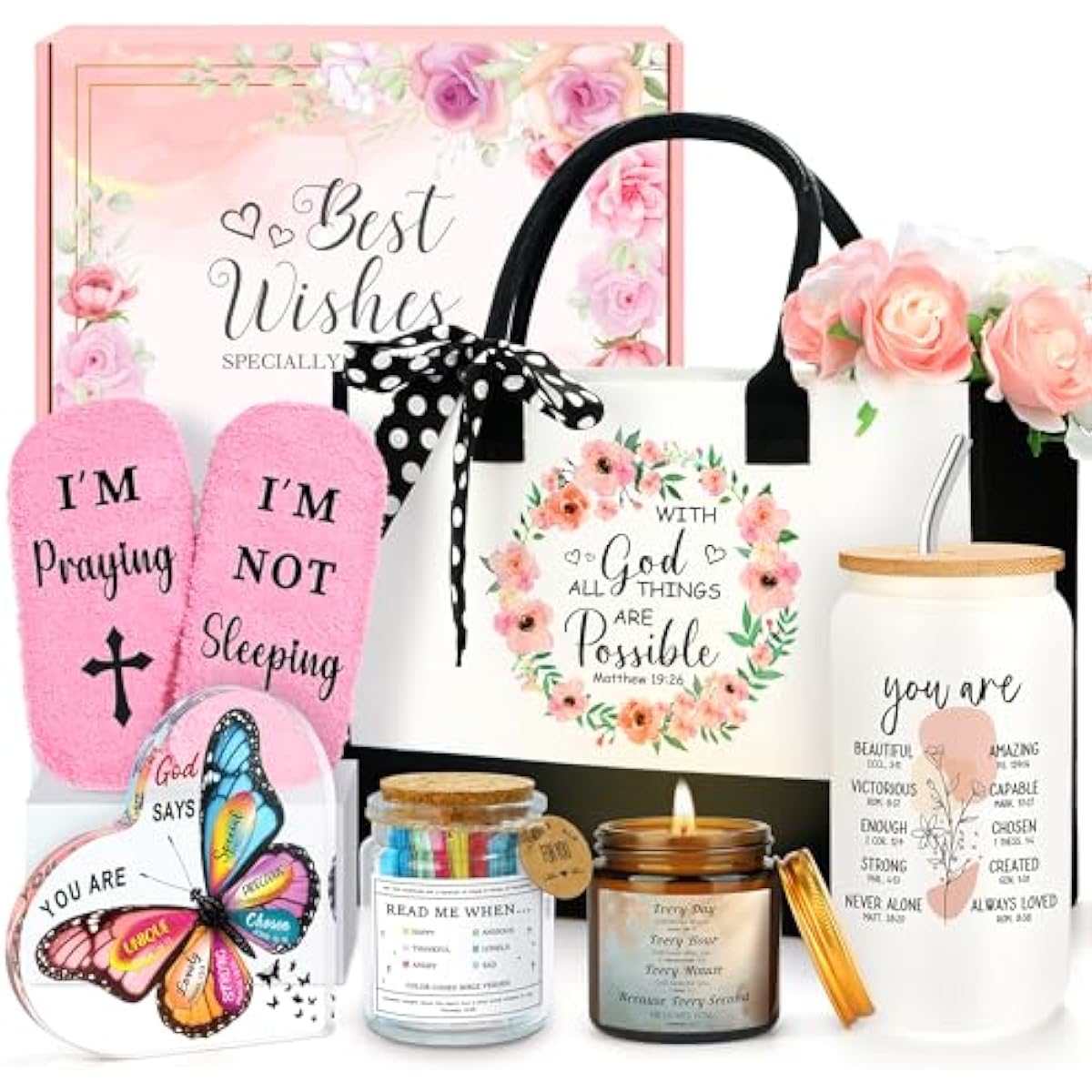 Christian Gifts for Women Faith Based Gift Inspirational Gifts for Women Birthday Unique Catholic Gift Bible Accessories Inclue Bible Verse Jar Butterfly Decorations Socks Glass Can Candles Tote Bag