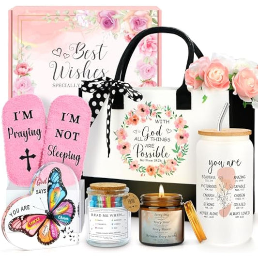 Christian Gifts for Women Faith Based Gift Inspirational Gifts for Women Birthday Unique Catholic Gift Bible Accessories Inclue Bible Verse Jar Butterfly Decorations Socks Glass Can Candles Tote Bag