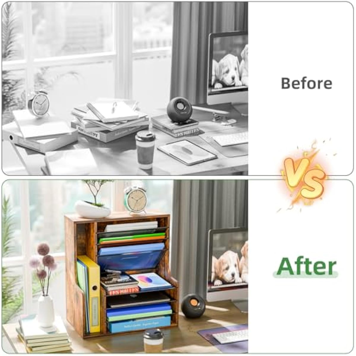 Simple Trending 7 Tier Desk File Organizer, Wooden Letter Tray Paper Organizer with Adjustable File Holder, Mesh Desktop Organizer and Storage for Office Supplies