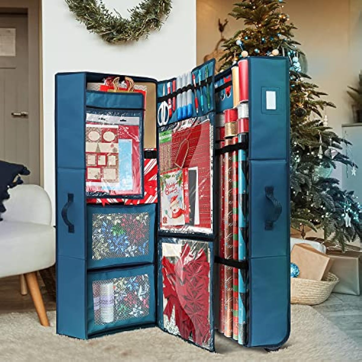 Hearth & Harbor Wrapping Paper Storage Container with Ribbon Dispenser and Interior Pockets - Large Christmas Storage Containers with Wheels, Fits 30 Rolls of 40" Length, Blue