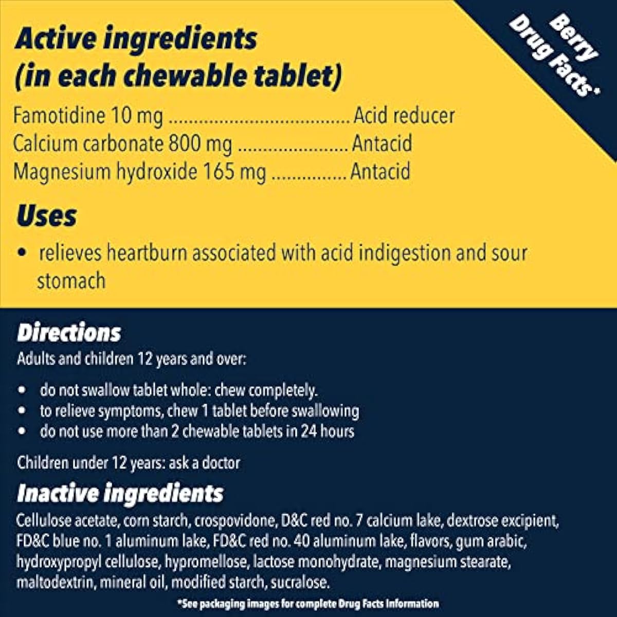 Pepcid Complete Acid Reducer + Antacid Chewables, 10mg Famotidine, 800mg Calcium Carbonate & 165mg Magnesium Hydroxide per Heartburn Medicine Tablet, Antacid Chews, Berry Flavored, 70 ct