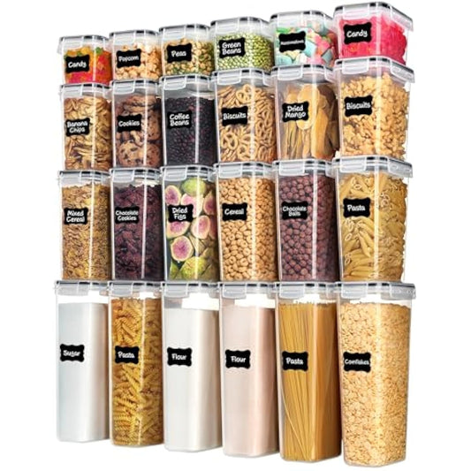 Airtight Food Storage Containers with Lids, Vtopmart 24 pcs Plastic Kitchen and Pantry Organization Canisters for Cereal, Dry Food, Flour and Sugar, BPA Free, Includes 24 Labels，Black