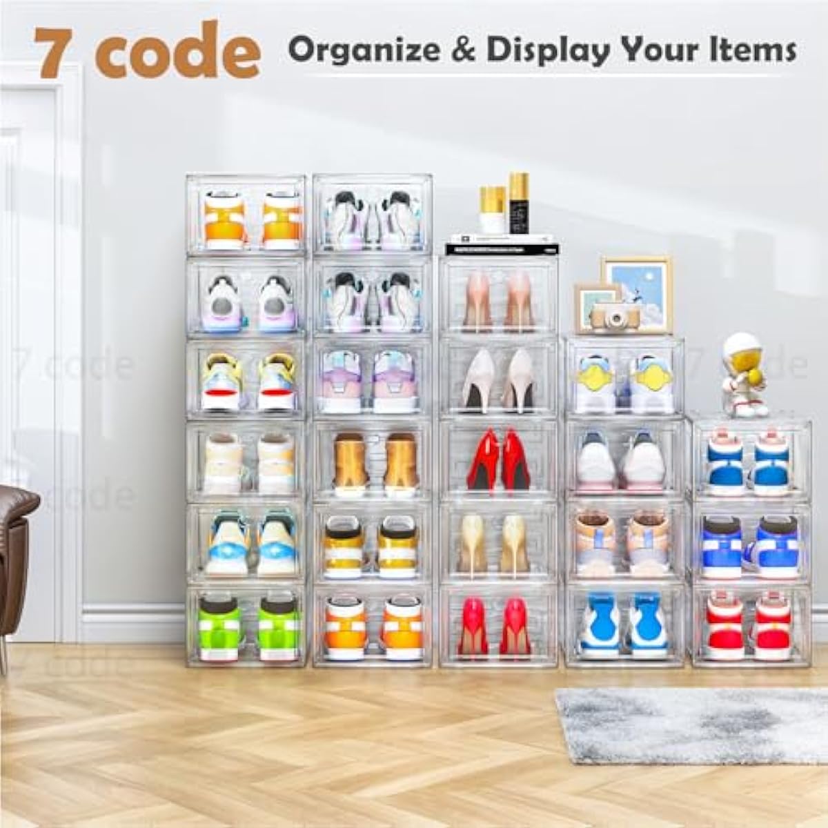 Thickened Clear Shoe Storage Organizer with Magnetic Door, Sturdy Stackable Shoe Boxes for Closet, Collapsible Space-Saving Shoe Rack for Sneakers & Boots, Plastic Shoe Cabinet Box Set, 6 Pack, White