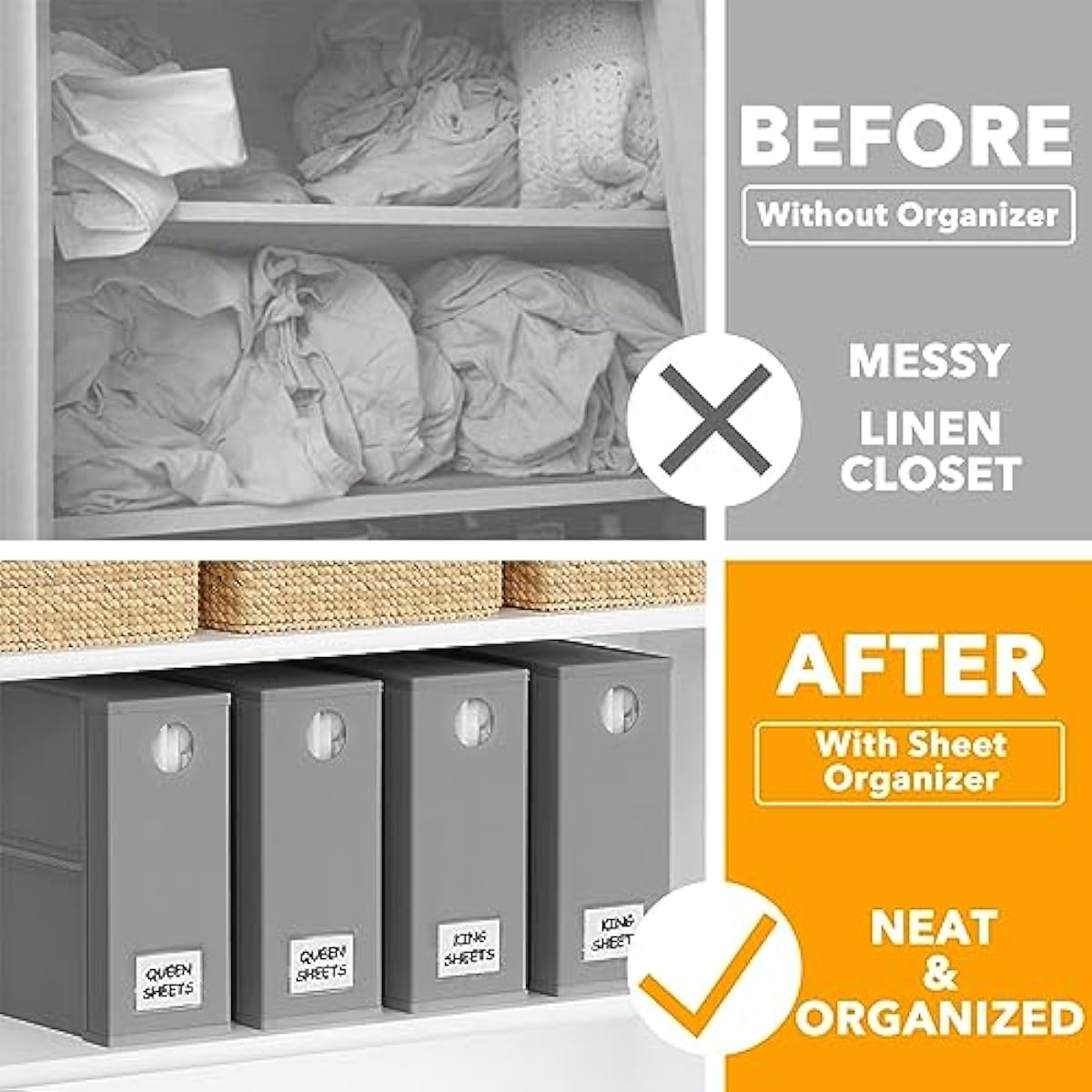 SpaceAid 4 Pack Bed Sheet Organizers and Storage, Foldable Organizer for Linen Closet, Sheets Set Folder Keeper with Window XL (Queen & King Size) Organizing Bedding Container, Gray 91ZDSN-SL01-G4