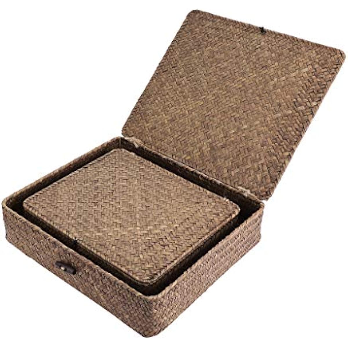 Hipiwe Set of 2 Flat Woven Wicker Storage Bins with Lid Natural Seagrass Basket Multipurpose Home Boxes for Shelf Organizer (Coffee)