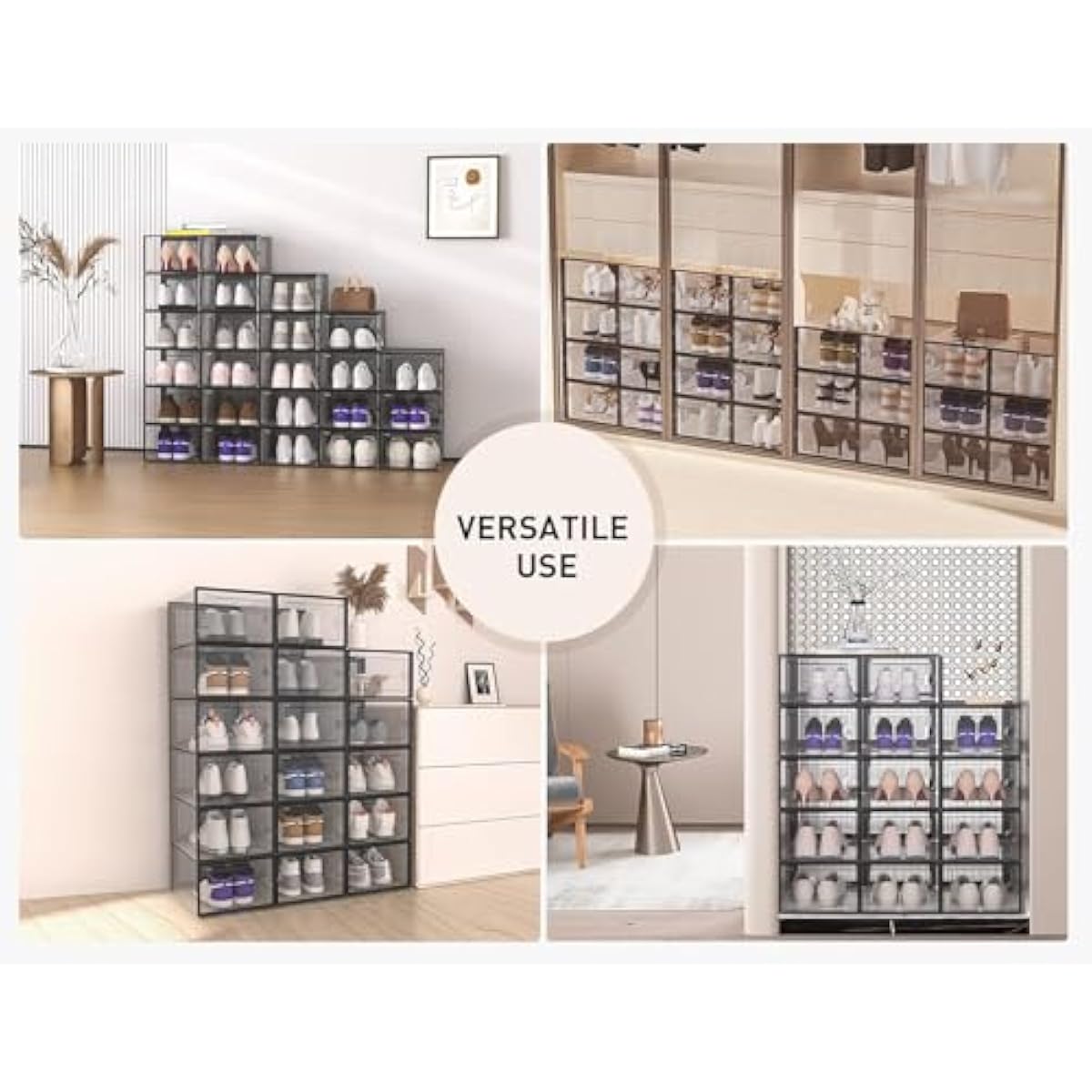 Kuject X-Large Shoe Storage Boxes Organizers Clear Plastic Stackable 12 Pack, Shoe Rack & Holder Substitute, Sneaker Containers, Toy Storage Organizer Bins for Entryway, Closet, Under Bed, Black