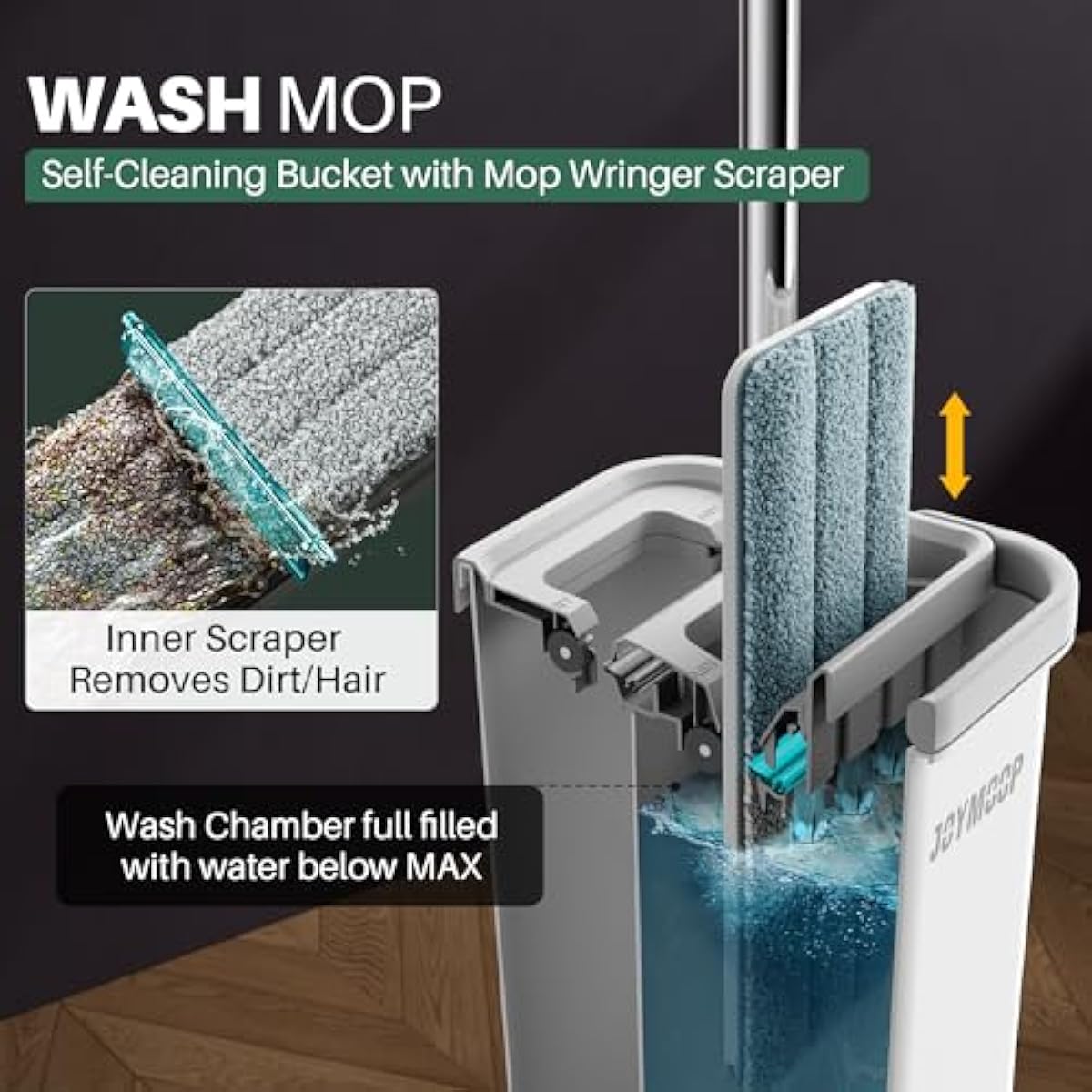 JOYMOOP Mop and Bucket with Wringer Set, Hands Free Flat Floor Mop and Bucket, with 3 Washable Microfiber Pads, Wet and Dry Use, Floor Cleaning System