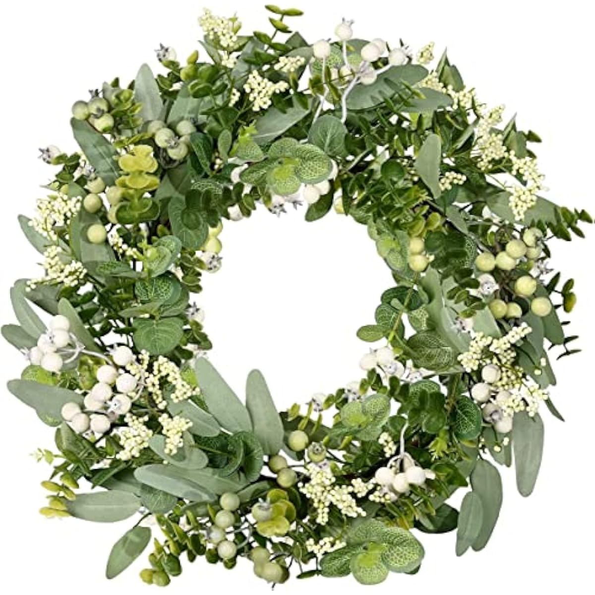 Vlorart Artificial Spring Summer Christmas Greenery Wreaths for Front Door Green Eucalyptus Leaf Wreath Decor Boxwood with Big Berries for Farmhouse Outside Year Round