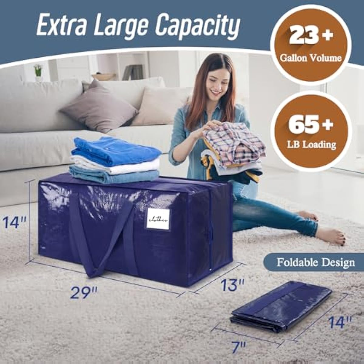 6 Pack Extra Heavy Duty Large Moving Bags with Strong Zipper & Comfortable Handles, Sturdy & Durable Clothes Storage Bags Totes Bins, Blue Packing Moving Boxes for College Supplies, Dark Blue