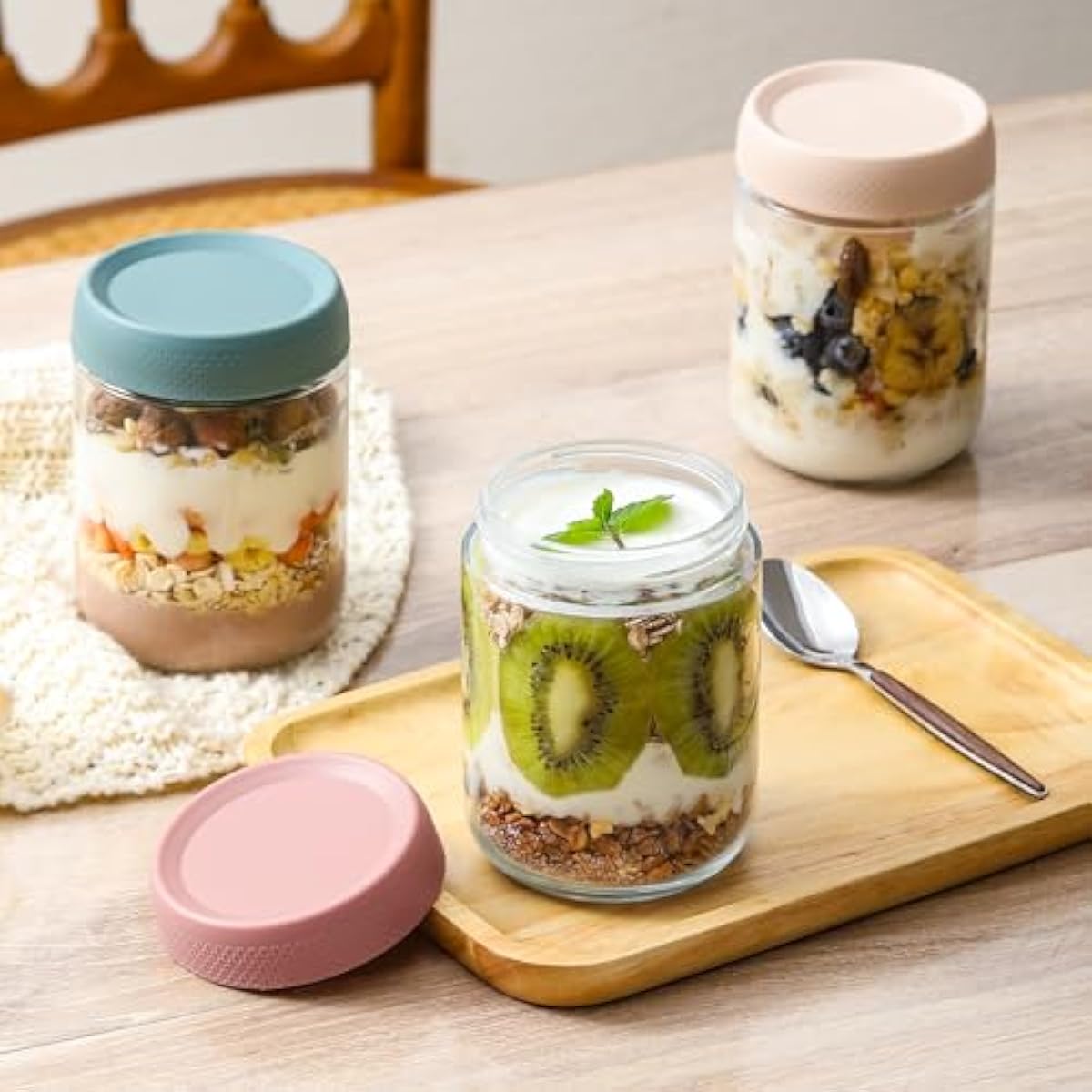 NETANY 6-pack 16 oz Overnight Oats Containers with Lids, Glass jars with Airtight Lids, Wide mouth Mason Salad jars, Glass Food Storage Containers for Snacks Yogurt Spice Sugar