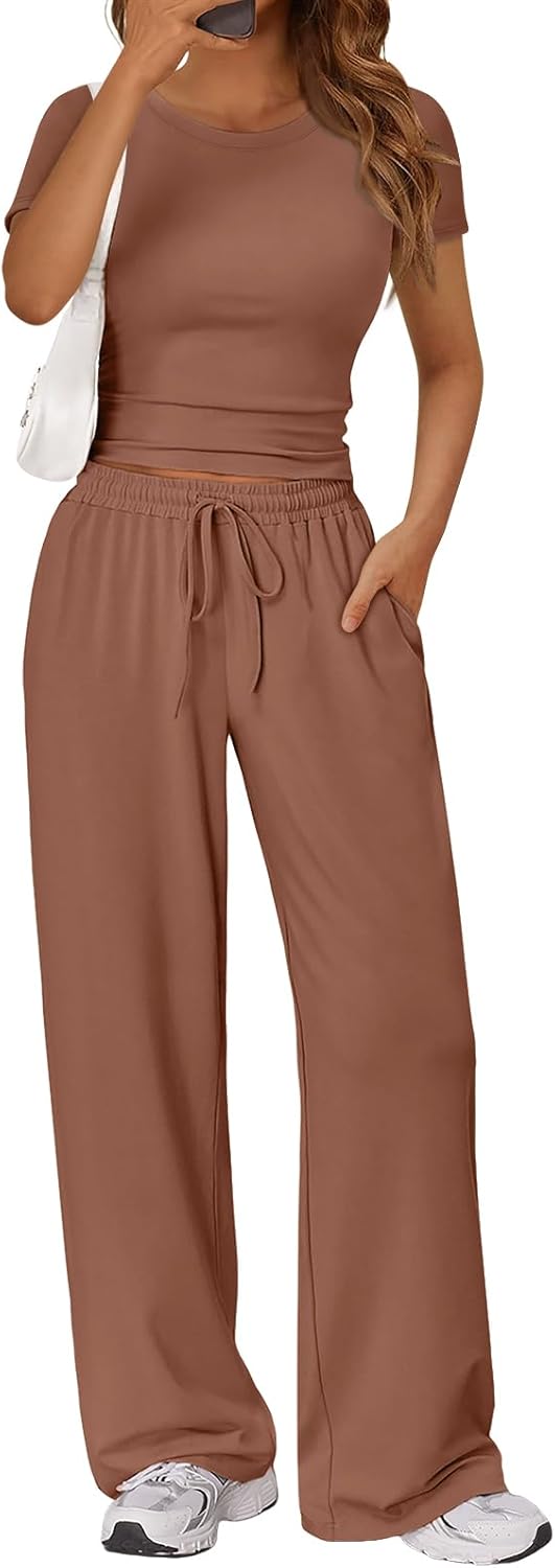 Trendy Queen 2 Piece Matching Summer Sweatsuit Lounge Set Womens Wide Leg Pants Side Ruching Crop Top Sets