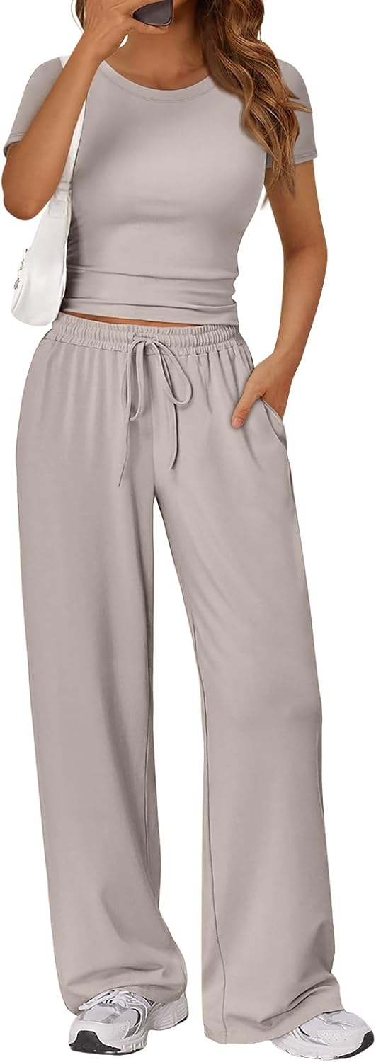 Trendy Queen 2 Piece Matching Summer Sweatsuit Lounge Set Womens Wide Leg Pants Side Ruching Crop Top Sets