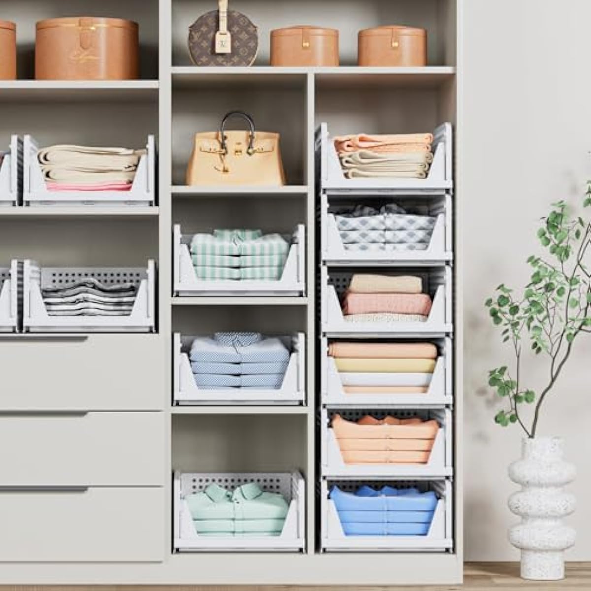 5 Pack Stackable Closet Storage Basket - Stackable Storage Bins, Multifunctional & Foldable Closet Organizer Waterproof, Wardrobe Cupboard Space-Saving Hat Storage Drawer Organizer, White