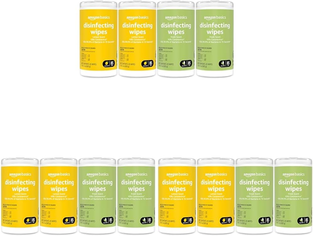 Amazon Basics Disinfecting Wipes, Lemon & Fresh Scent, Sanitizes/Cleans/Disinfects/Deodorizes, 255 Count (2 Packs Lemon, 1 Pack Fresh Scent)