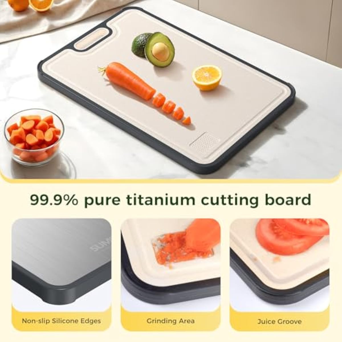 Titanium Cutting Board for Kitchen, Cutting Board Double Sided Food Grade, Pure Titanium/PP, Easy to Clean Large Size 16”×11”