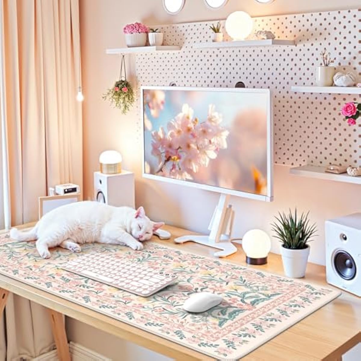 iCasso Pink Floral Desk Mat, Desk Pad, XXL Large Mouse Pad, Anti-Slip Big Mousepad with Stitched Edges, Computer Mouse Pads for Desktop Decor, Cute Office Desk Accessories for Women(Pink)