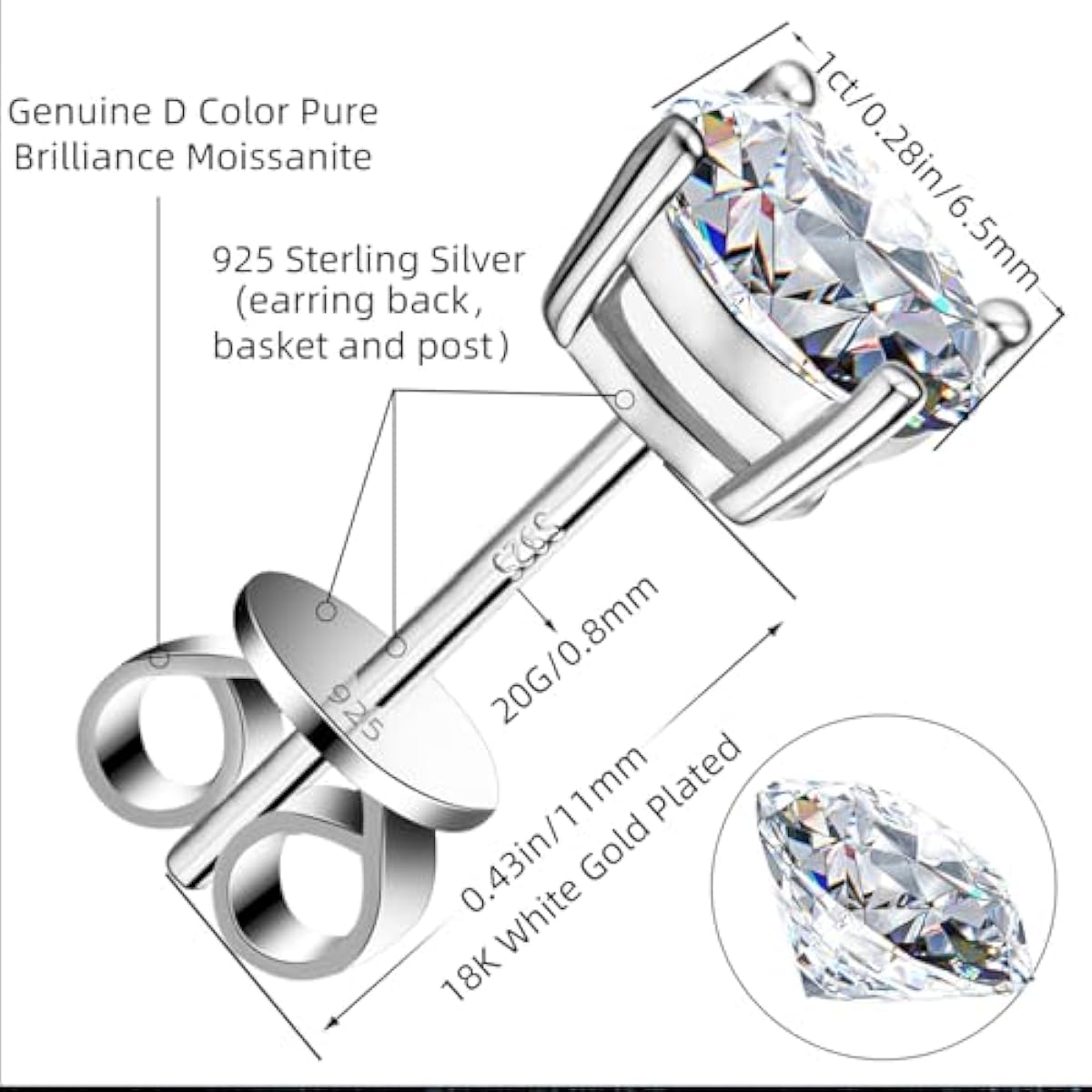 Kosuwo Moissanite Stud Earrings 2.0CT D Color,GRA 925 Sterling Silver Earrings for Men 18K White Gold Plating Earrings for Women,wedding earrings
