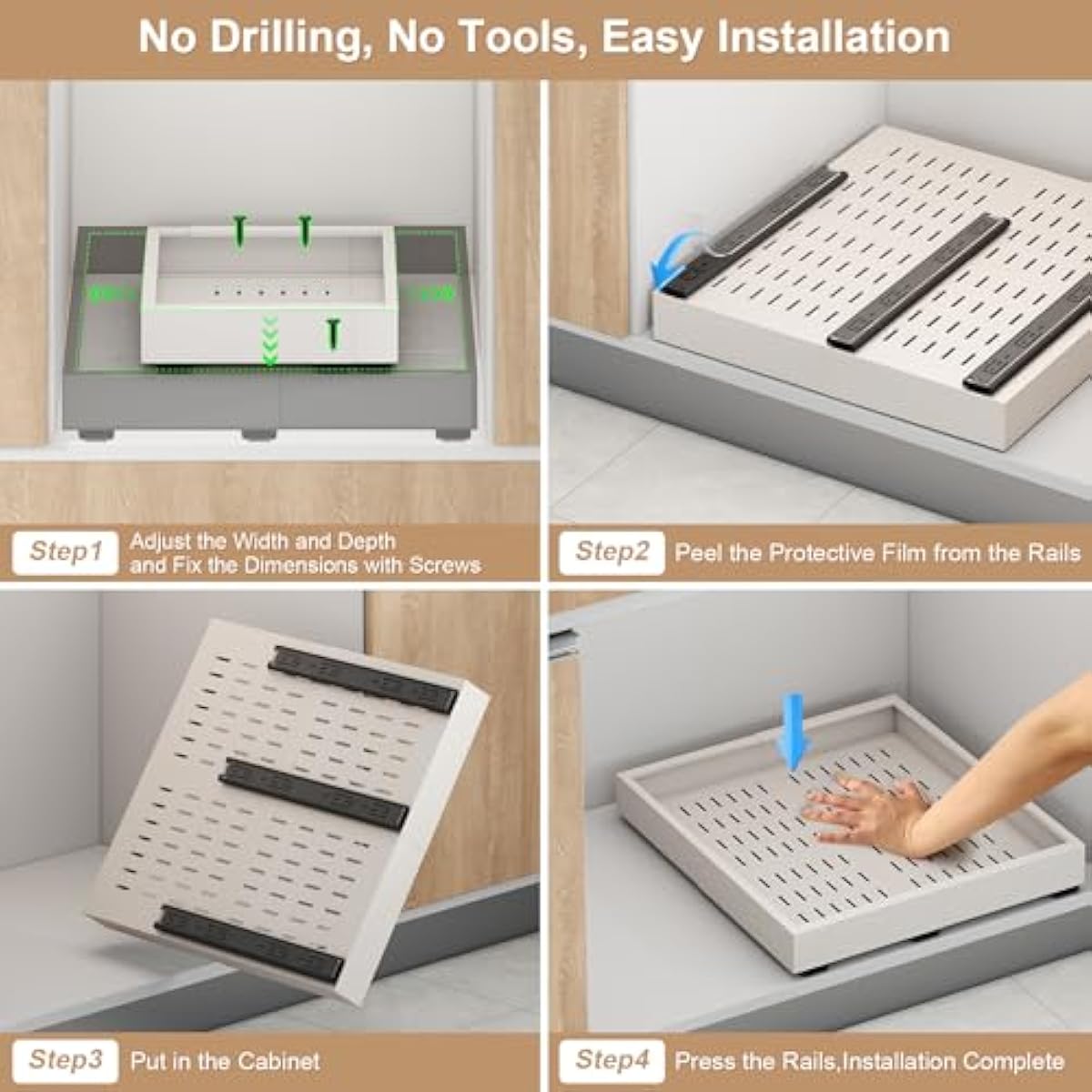 Pull out Cabinet Organizer,Width (14"-21") and Depth (17"-24") Expandable With 3 Rails,No Drill Adjustable Slide out Drawers for Kitchen,Pantry,Adhesive Roll out Shelves,for Cabinets Without Lip,White