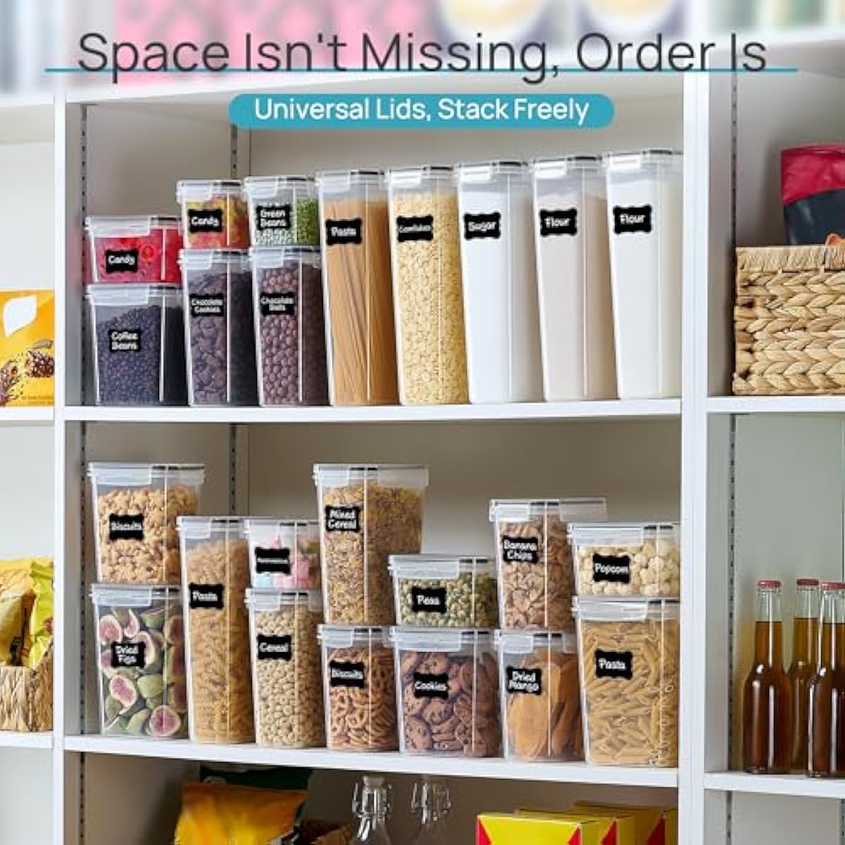 Airtight Food Storage Containers with Lids, Vtopmart 24 pcs Plastic Kitchen and Pantry Organization Canisters for Cereal, Dry Food, Flour and Sugar, BPA Free, Includes 24 Labels，Black