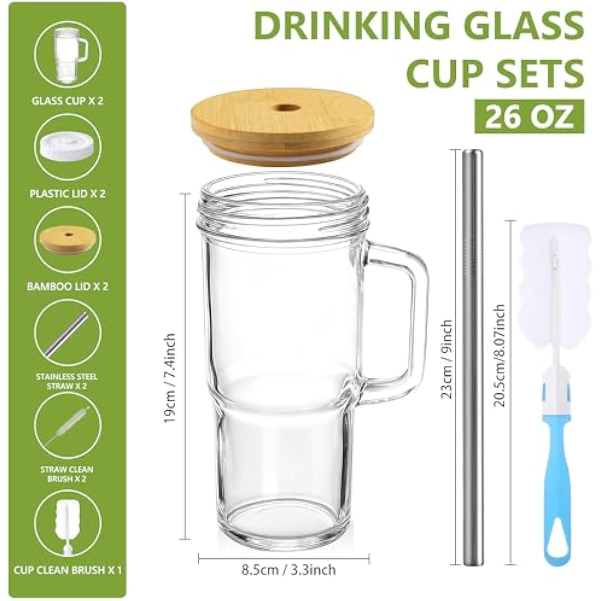 Birity 24oz Glass Cups with Lids and Straws,Glass Tumbler with Handle,2 set–Reusable Glass Ice Coffee Cups with Lid and Straw for Smoothies,Tea,Juice,Boba Cup for Cold & Hot Drinks,Travel Cup
