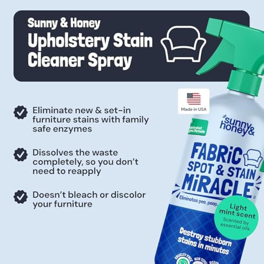 Sunny & Honey Upholstery Cleaner Spray - No Discoloration - Pet & Kid Safe Stain Remover - Multi-Surface Furniture & Sofa Cleaner Spray - Fast-Drying Pet Stain Remover (32 fl oz, Mint)