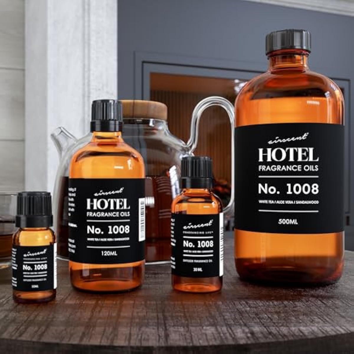 AirScent Hotel Diffuser Oil No. 1008 - White Tea, Aloe Vera & Sandalwood - Hotel Scent Dupe - Premium Fragrance Oil for Ultrasonic and Waterless Diffusers and Crafting - 120 mL, 4 fl oz Glass Bottle