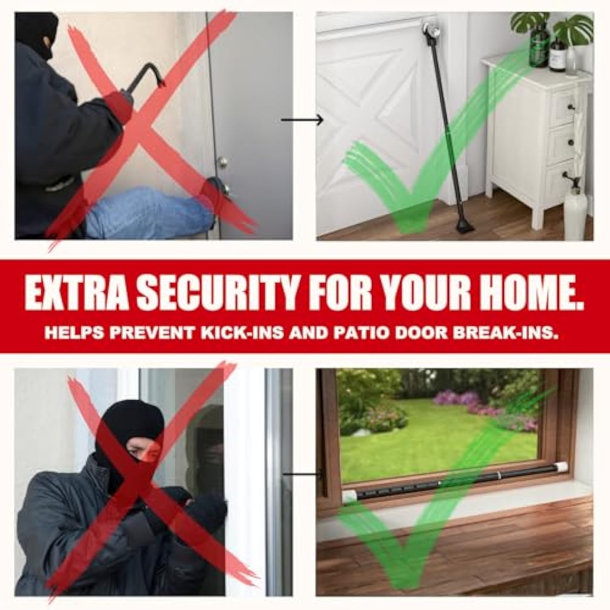 SECURITYMAN 2-in-1 Door Security Bar & Sliding Patio Door Security Bar (2 Pack) via Interchangeable Caps - Heavy Duty Iron Construction Door Stoppers Lock for Home, Apartment, Travel Hotel - Black