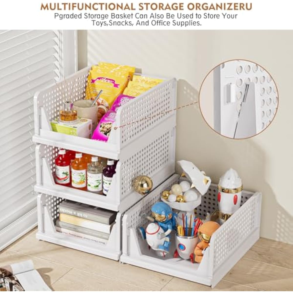 SNSLXH 5 Pack Stackable Closet Storage Basket, Multifunctional & Foldable Closet Organizer for Bathroom Kitchen Laundry Room Wardrobe Storage, Space-Saving Clothes Storage Drawer Organizer, White