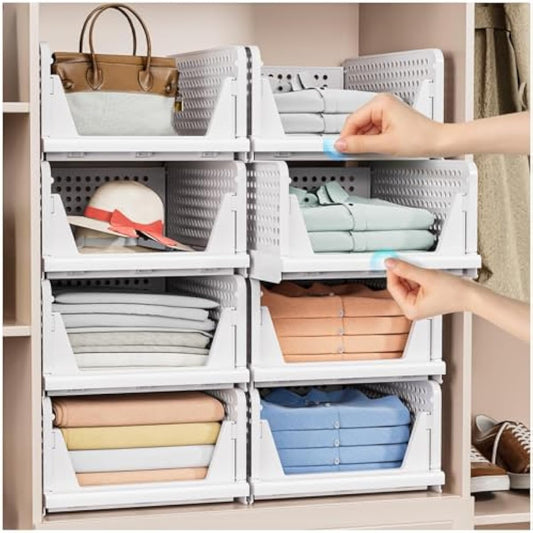 5 Pack Stackable Closet Storage Basket - Stackable Storage Bins, Multifunctional & Foldable Closet Organizer Waterproof, Wardrobe Cupboard Space-Saving Hat Storage Drawer Organizer, White