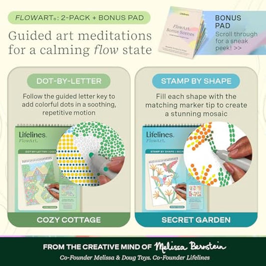 Lifelines FlowArt Activity Pads, 2-Pack & Bonus Pad - Guided Dot Art Meditations - 8 Double-Sided Markers & 48 Scenes - Dot-by-Letter & Stamp-by-Shape Coloring Books for Tweens, Adults & Seniors