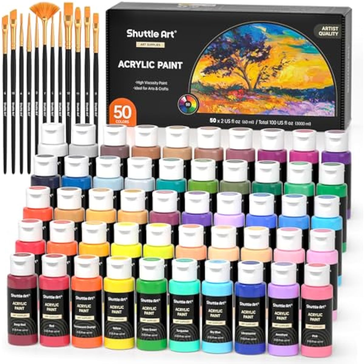 Shuttle Art Acrylic Paint, 50 Colors Acrylic Paint Set, 2oz/60ml Bottles, Rich Pigments, Water Proof, Premium for Artists, Beginners and Kids on Canvas Rocks Wood Ceramic Fabric