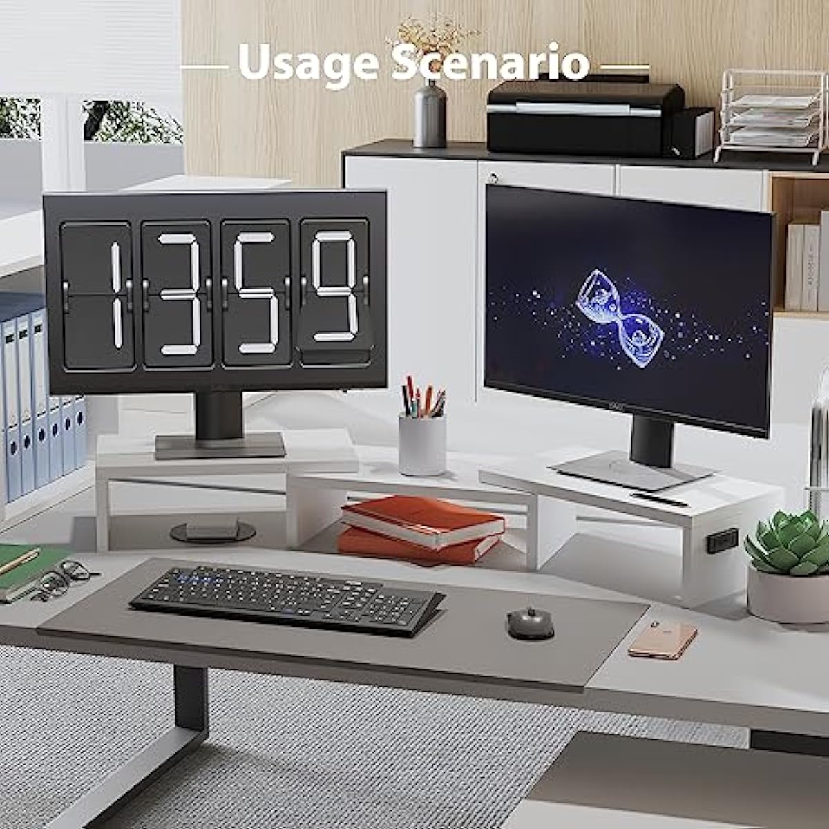 BONTEC Dual Monitor Stand Riser with Smartphone Holder, Adjustable Length & Swivel Angle, Ergonomic Wooden Desktop Organizer for PC Monitor, Laptop, Printer, Large Storage, White