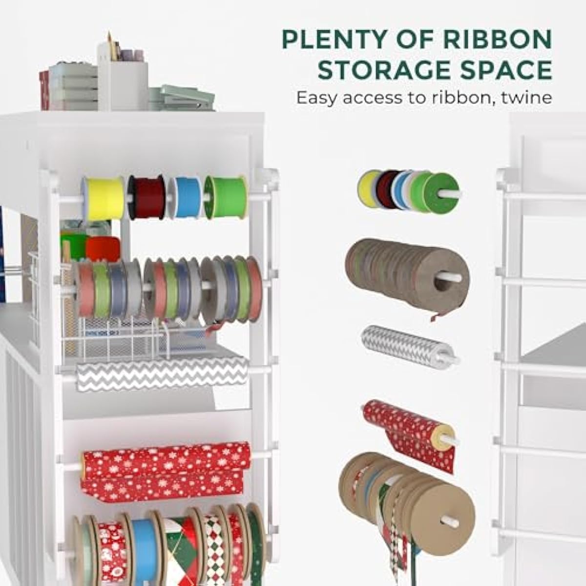 Wrapping Paper Storage & Organizer, Craft Cart with Ribbon & Gift Bag Storage, Wrapping Paper Organizer Holder(3 Wooden Drawers-White)